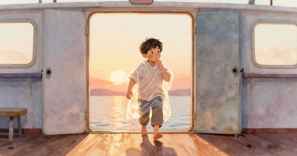 佛萊徹踏入船艙，陽光灑落入口，映出水波閃爍，他面帶決心，迎向新的冒險，背景充滿溫暖光芒。