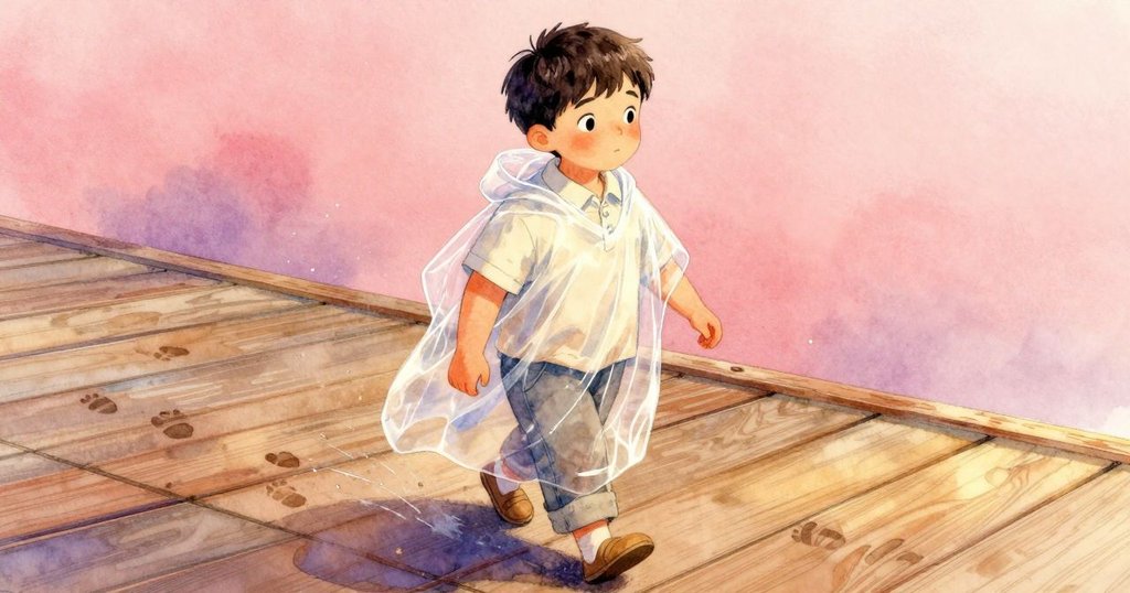 佛萊徹在木質甲板上行走，腳步輕盈留下印記，水珠閃爍中透露著船上秘密與溫暖氛圍。