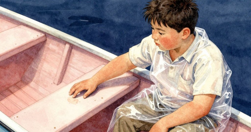 佛萊徹俯身細看船座上神秘的印記，手輕觸痕跡，視角傾斜突顯細節，流露出滿腔好奇與疑問。