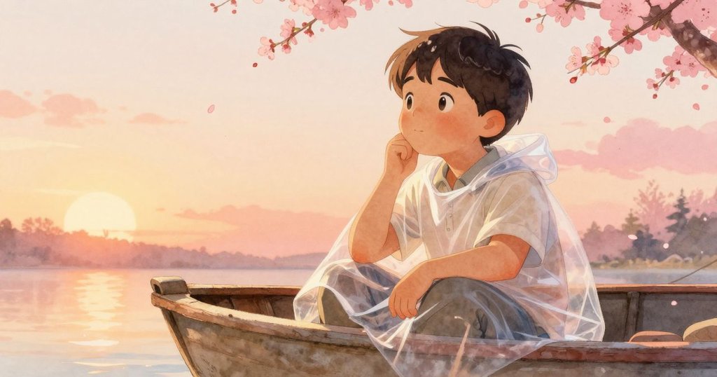 佛萊徹在航行的船上停下欣賞，漂浮的花瓣在春光中舞動，營造出溫柔明亮的季節氛圍。