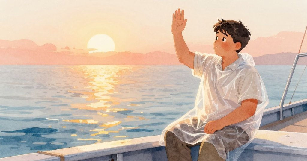 佛萊徹於船上揮手告別過往思緒，站於船欄前面對明亮海面，表情平靜中隱含釋然。