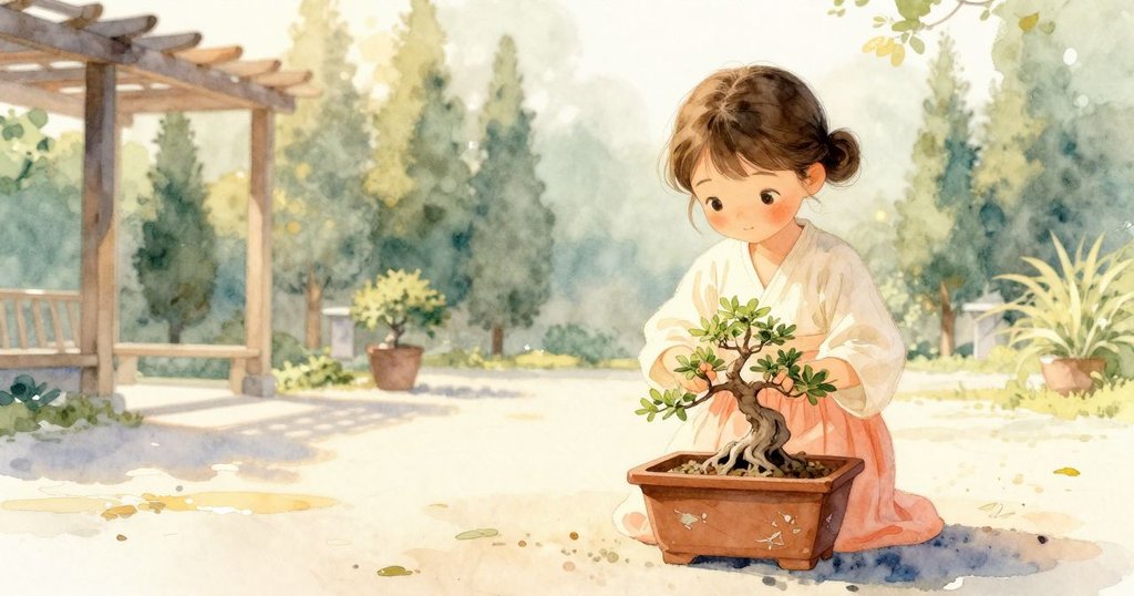 Faye在庭院中注視盆栽上閃爍的細微刮痕, 夕陽映照下充滿好奇和期待, 庭院內充滿自然與和煦的氛圍