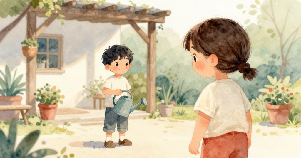 從Faye背後視角, 看到Orson手持澆水壺步入庭院, 充滿輕鬆幽默與溫暖互動, 環境自然和諧