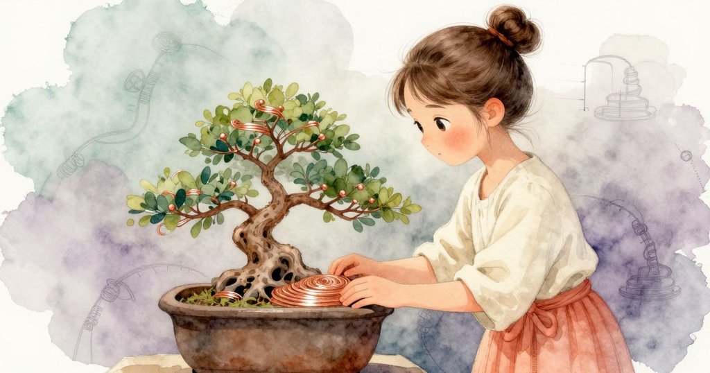 Faye凝視盆栽上層疊的銅線痕跡, 透出往昔與季節輪轉的隱約回憶, 流露專注與思索的情感