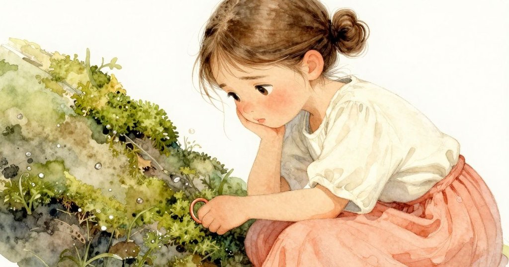 Faye面露沉思, 雙手停留於旋轉銅線上, 與盆栽上流動水滴和苔蘚互動, 情感內斂且充滿掙扎