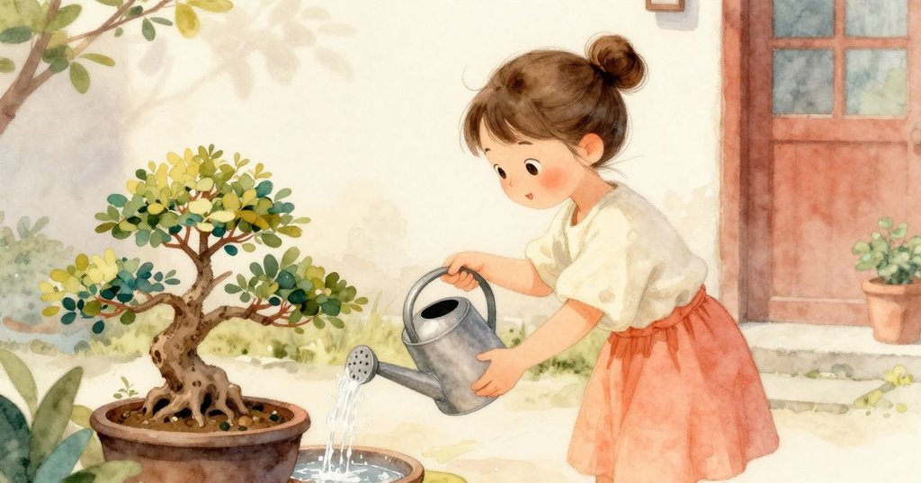 Faye再次傾倒澆水壺, 在陽光庭院中水流穩定落在盆栽上, 展現出循環回歸與和諧的結局, 氣氛溫暖滿足