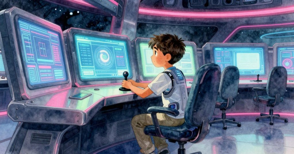 Cedric在現代控制室中操作操縱桿,注視發光螢幕,背景充滿電子設備與霓虹燈光,神情專注展現內心世界。