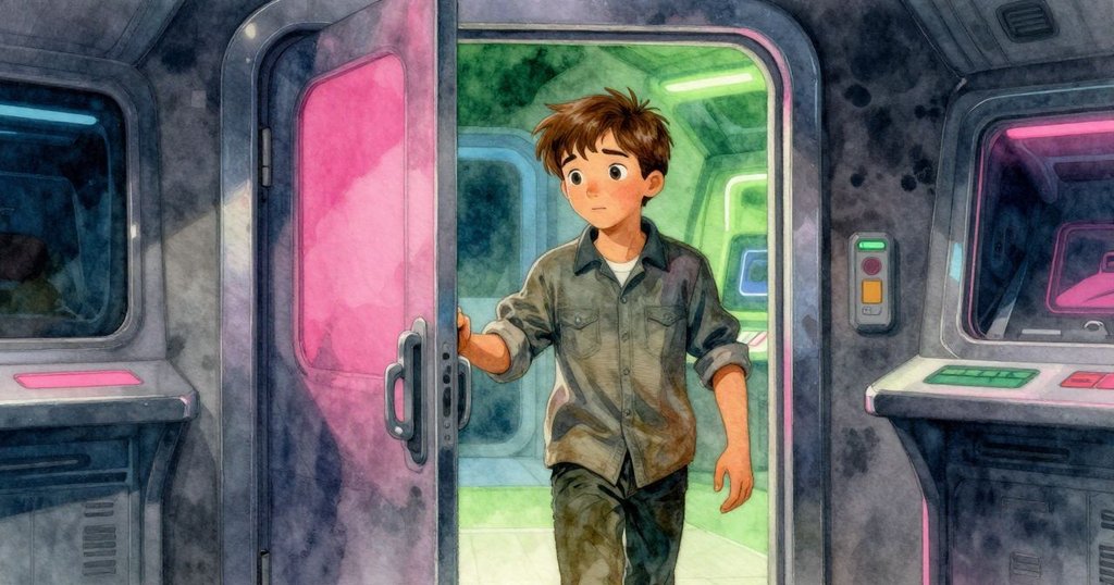 Ivan推開微敞的門,輕觸門框進入控制室,背景隱約顯現高科技設備與霓虹光影,神情謹慎而果斷。