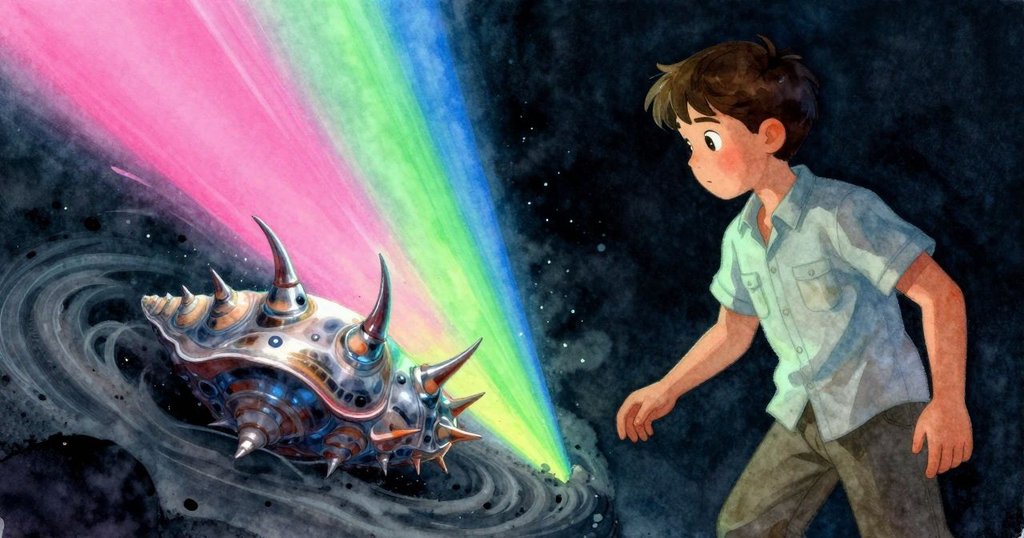 定格瞬間下,海底軟體動物旋轉中展現發光角狀外殼,流沙飛舞與燈光交錯,氛圍戲劇性十足。