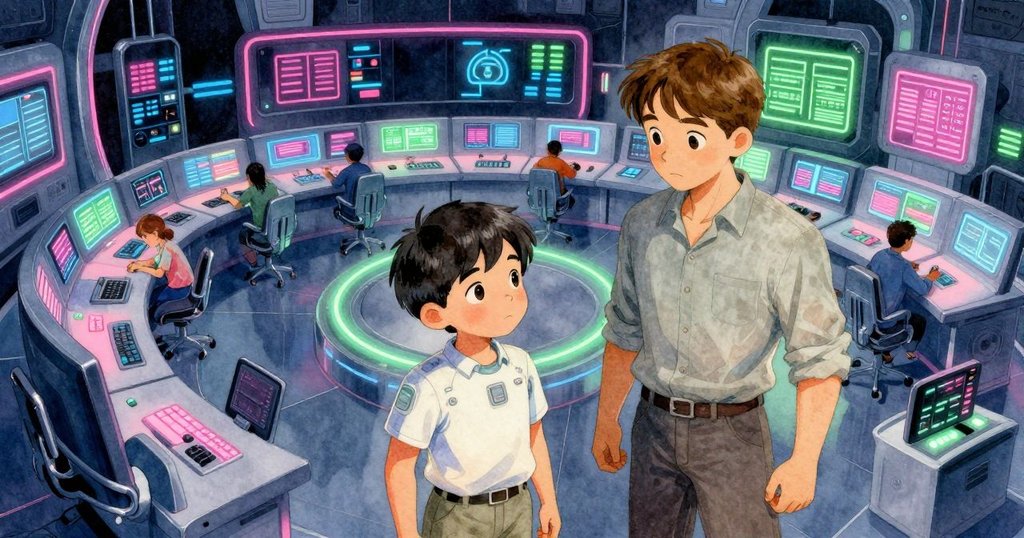 寬鏡頭展示現代控制室全景,Cedric與Ivan在巨大設備間相互協作,科技與霓虹燈光交織呈現探索微觀與宏觀世界。