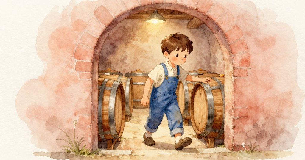 Nestor走進溫暖酒窖,手持粉筆,透過木門看見排列整齊的木桶,表情充滿期待與決心