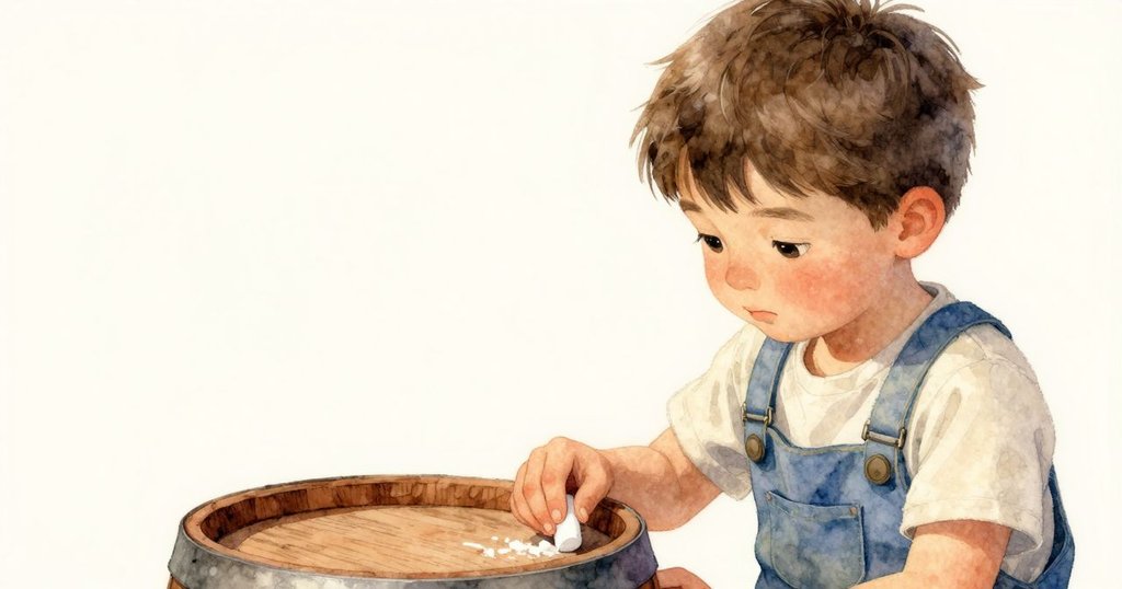 Nestor注視搖曳中的粉筆,細節展示木桶上斜劃的白線,充滿驚訝與好奇