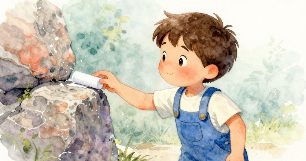 Nestor彎腰觀察地面上閃亮的小水滴,傾斜構圖展示濕石與斷裂粉筆線,氣氛沉靜而專注