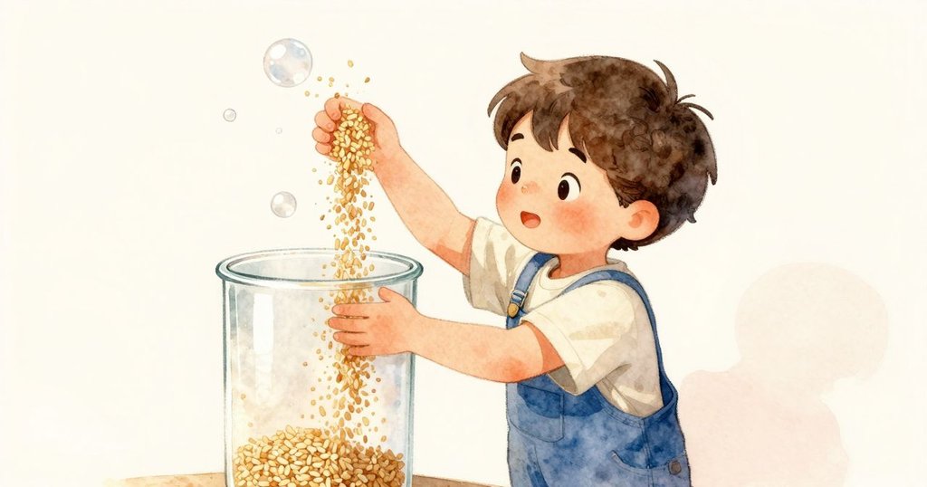 Nestor專注倒入米殼於玻璃筒中,泡泡輕柔上升,展示實驗般神奇情景,氛圍溫馨而夢幻