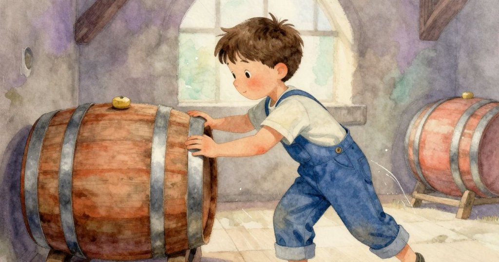 Nestor輕撥木桶使其微微前搖,動態軌跡顯示細膩互動,溫柔光影中展現謹慎與平衡