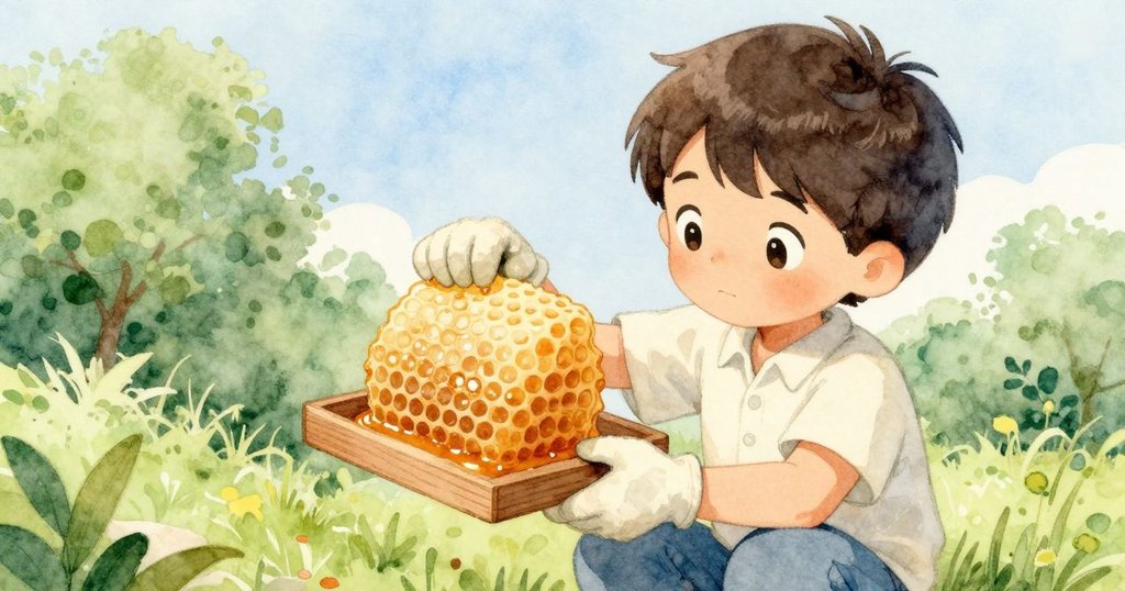 索耶仔細檢查蜂巢, 手持木框展示蜂蠟細節與微光, 戶外環境綠意盎然, 表情專注