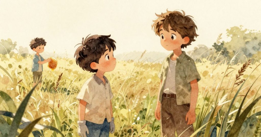 加雷斯隱於草叢中靜觀索耶操作蜂巢, 草地微風輕拂, 神情平靜充滿期待