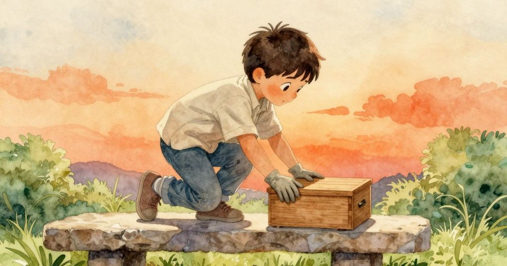 索耶站在石凳上小心調整姿勢, 與松木邊緣木箱互動, 陽光與陰影交錯, 表情猶豫而專注