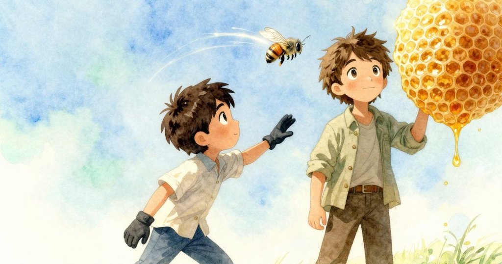 銀色小蜂展翅飛行, 留下亮麗光軌, 蜂巢細節閃爍, 戶外光線明亮, 帶動魔幻氛圍