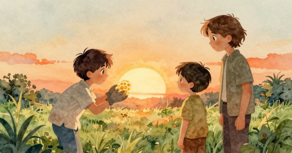 索耶與加雷斯並肩立於草地邊, 共同觀察蜂巢發光細胞, 夕陽餘暉下流露出靜謐驚奇之情