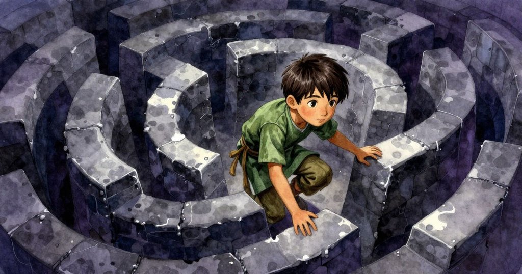 Fintan 蹲下觀察迷宮般的水溝結構，石拱和狹縫呈現超現實幾何形狀，燈光冷峻，對比強烈