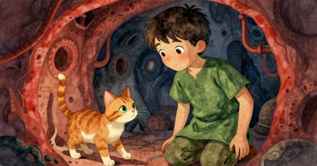 Fintan 與好奇的小貓在陰暗酒窖角落互動探索，小貓輕拍滴水，兩者展現溫馨玩味神情