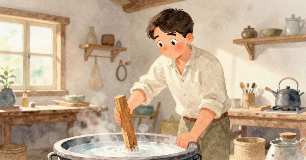 Inigo專注於木模浸入朦朧漿液的工作間內，柔和金光灑進窗邊，整體氛圍溫暖而有節奏。