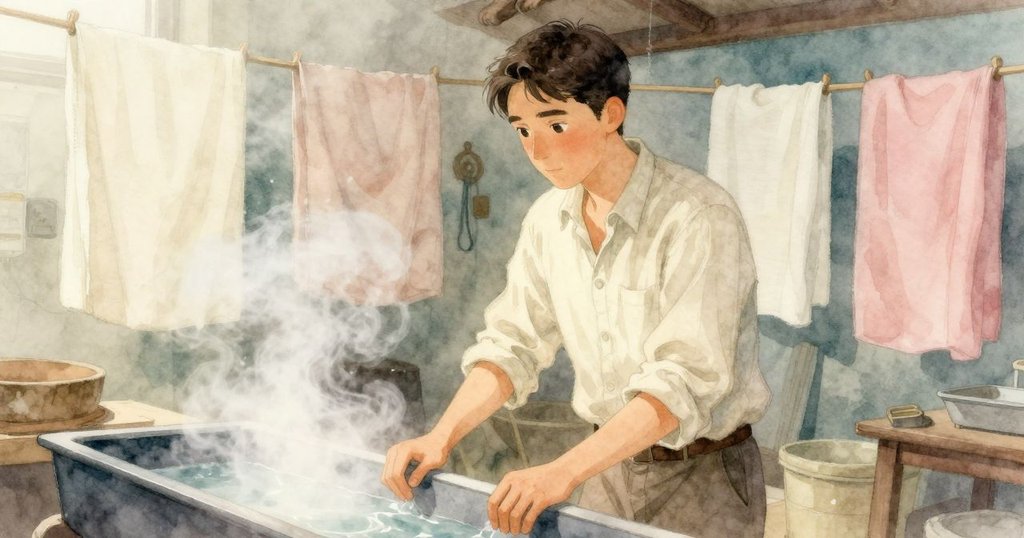 工作間內溫暖槽邊升起細緻蒸汽與懸掛布影交織，光點與滴水營造出神秘而柔和的氛圍，Inigo持續操作。