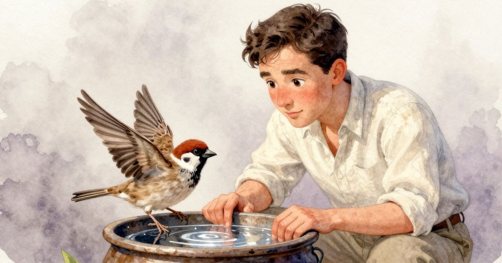 Inigo停下作業凝視著薄膜在槽中形成，面帶思索神情，麻雀微振翅膀散發出內心掙扎的微妙情感。