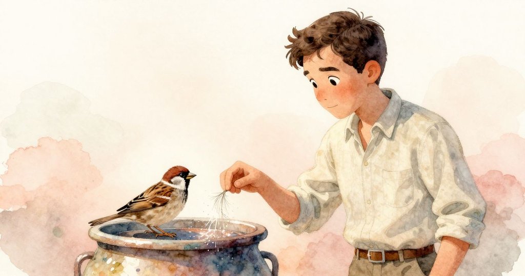 麻雀輕輕拔起浮膜纖維，Inigo手指緩緩接近波動表面，工作間靜謐中透露出探索與未知的微妙情感。