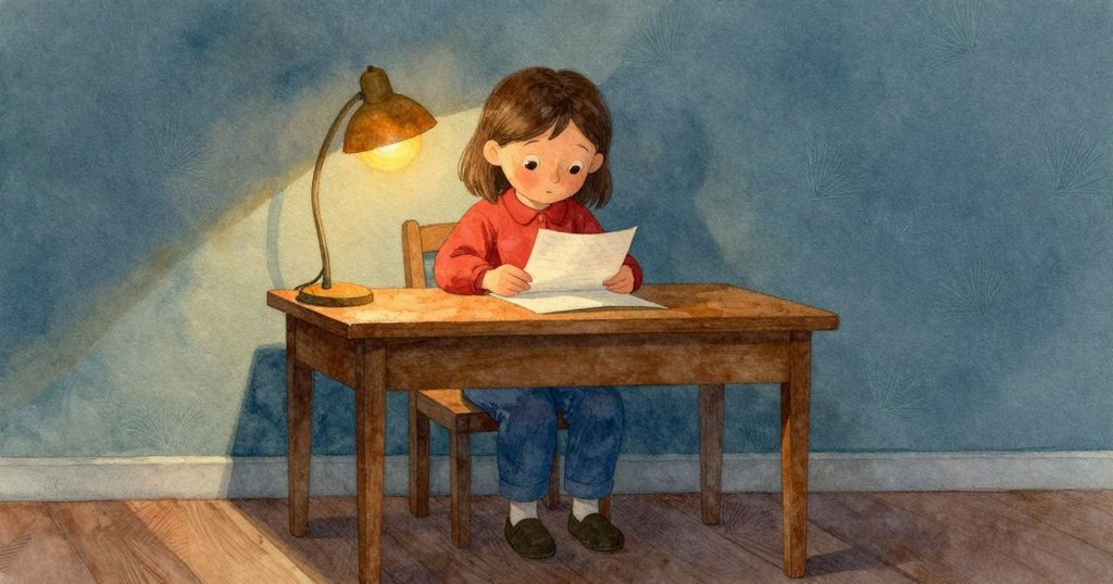 美貝爾在溫暖燈光下的書房中動作,桌上空白矩形與掛著百合花飾,表現出思考與期待的情緒。