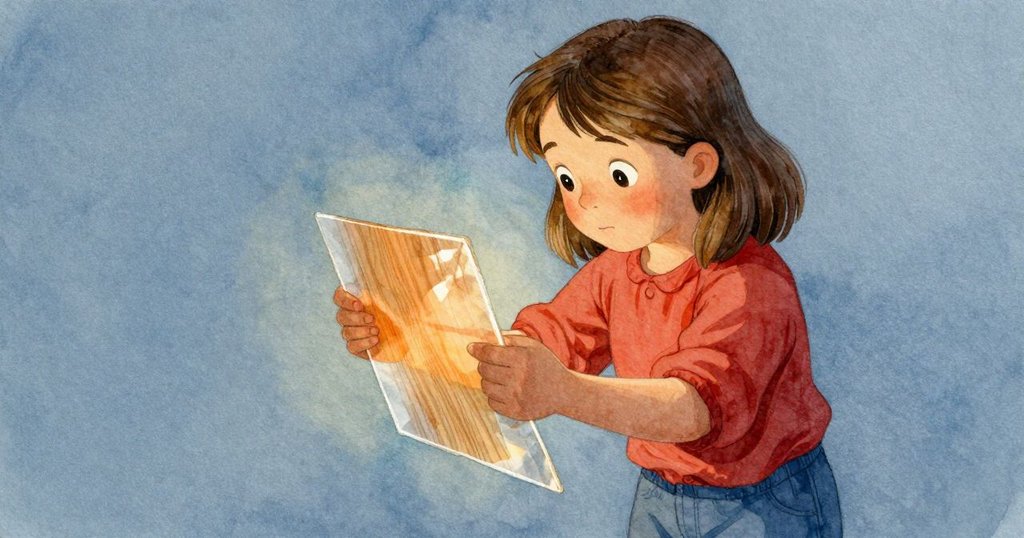 美貝爾好奇地俯身觀察反光紙張,木質桌面細節清晰,室內暖黃燈光下流露出深思表情。