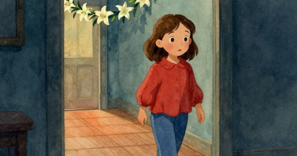 美貝爾從書房步入走廊,掛著的百合花輕搖影子飄動,室內光影變化流露出平靜好奇情感。