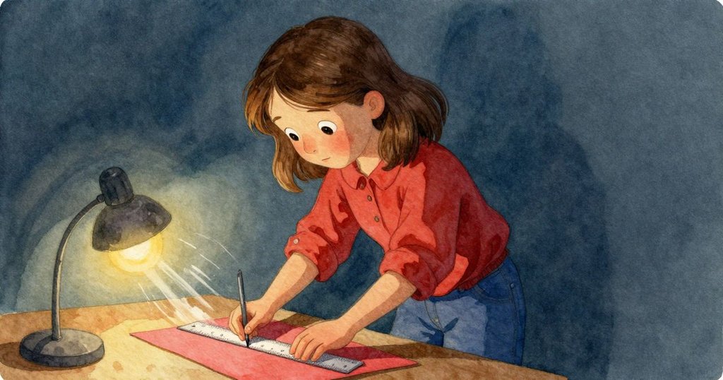 美貝爾專注運用金屬直尺修整紙鶴,動作瞬間捕捉紙張運動軌跡,室內燈光營造出決心氛圍。