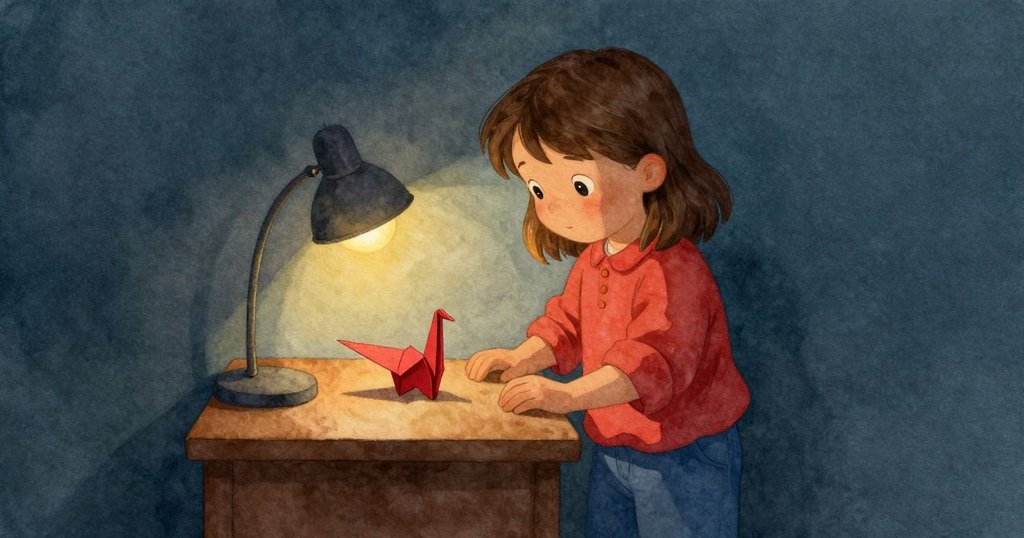 美貝爾靜立觀察完成的紅紙鶴,桌上空白輪廓與百合花影交錯,光影柔和彌漫房間,表情滿意與平靜。