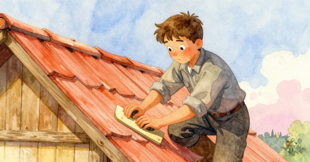 艾摩瑞在斜角屋頂上用砂紙打磨生鏽油漆,神情專注,背景有鄉村木屋和苔蘚石牆,展現微妙張力。