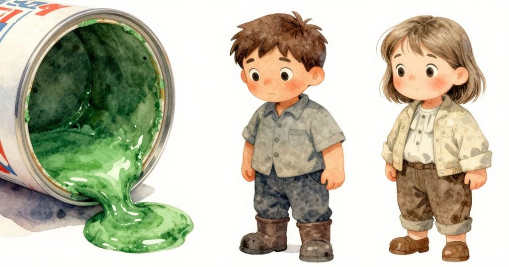 特寫鏡頭展示凹陷油漆罐,綠色底漆緩流,下方有一顆閃亮雨滴,細節豐富,雋永而詩意。