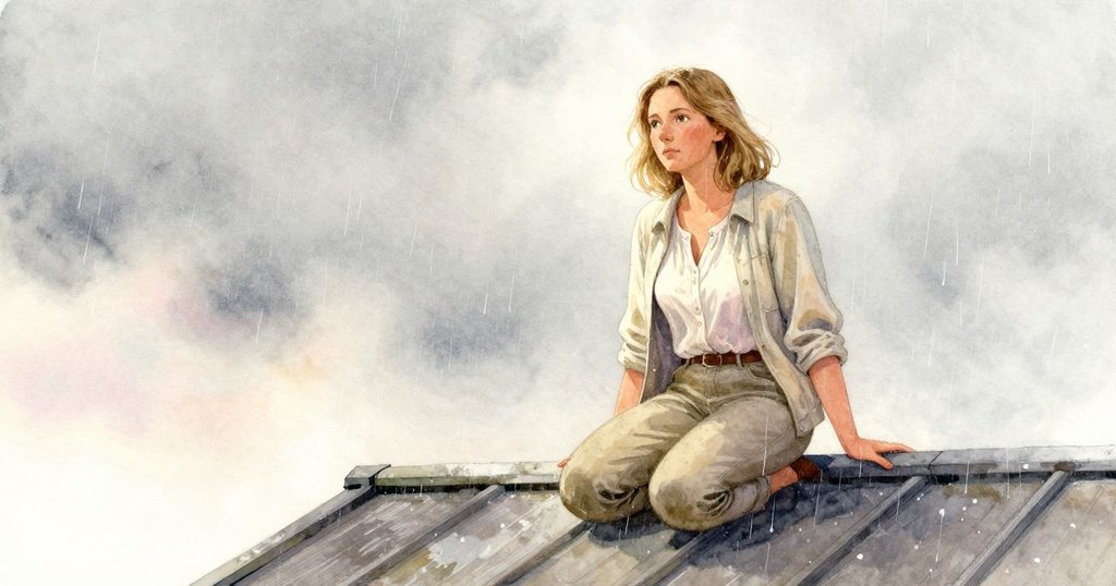 莉萊跪在屋頂上,細雨輕灑,她以小刷筆細心描繪裂縫,雨水使舊色更顯深沉,畫面充滿溫柔氣息。