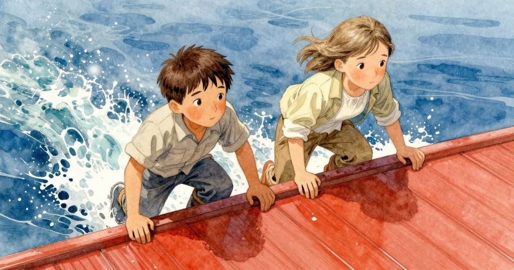 艾摩瑞與莉萊在洶湧水面中齊心穩定船身,雙手緊握繩索,臉上滿是決心,激烈場面充滿力量感。