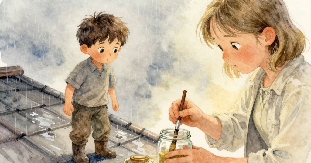 艾摩瑞將刷筆小心放入罐中,莉萊靜靜注視著漸乾的油漆,最後一顆雨滴在刷柄上顫動,畫面寓意續篇希望。