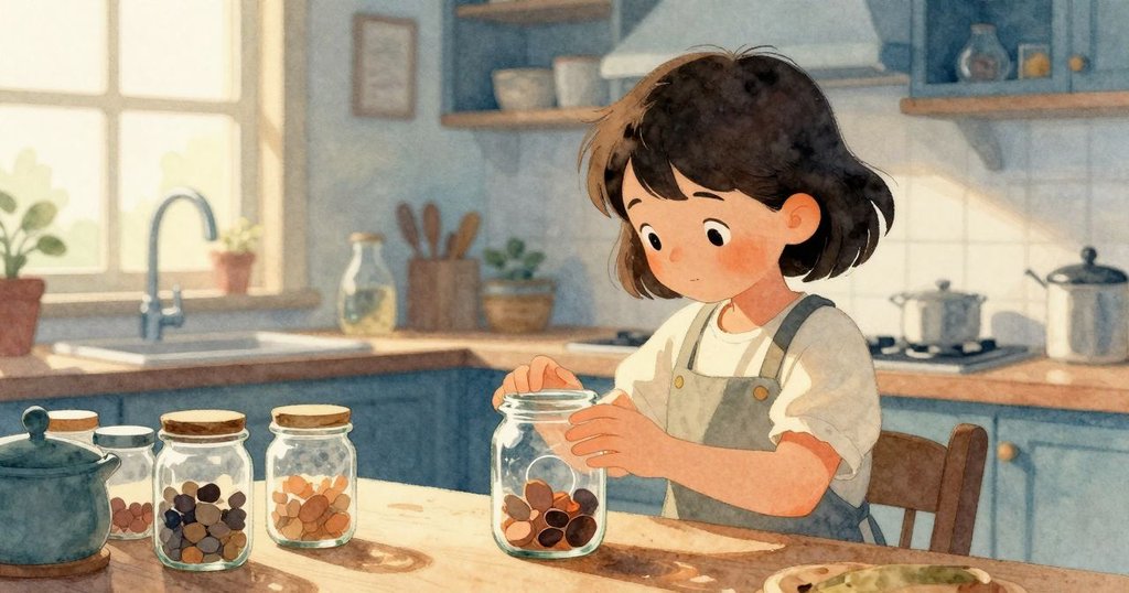 塞琳站在溫暖廚房,輕觸櫃檯檢查發酵瓶,窗邊昆蟲盒中蟲子輕搖,表情平靜