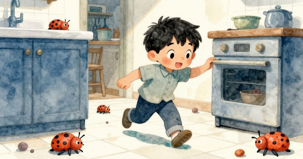 格倫走入廚房,手持彩繪黏土甲蟲放置於窗邊昆蟲盒旁,腳步輕快展現室內氣氛