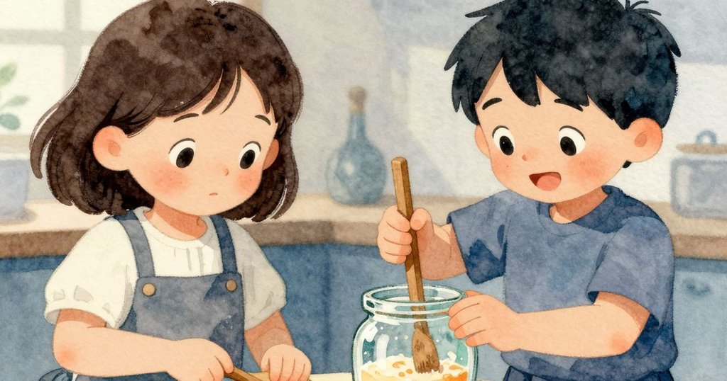 塞琳用手輕攪玻璃瓶中靜謐混合物,精緻木挑與發酵液細節清晰,表現專注動作