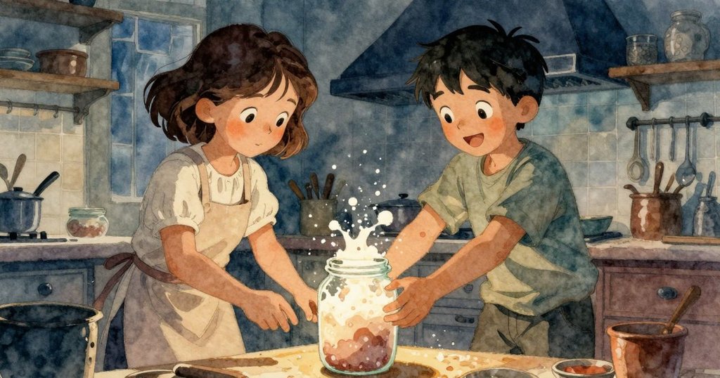 突然發酵瓶爆滿泡沫飛濺,塞琳與格倫迅速協作應對,動態廚房充滿緊張活力