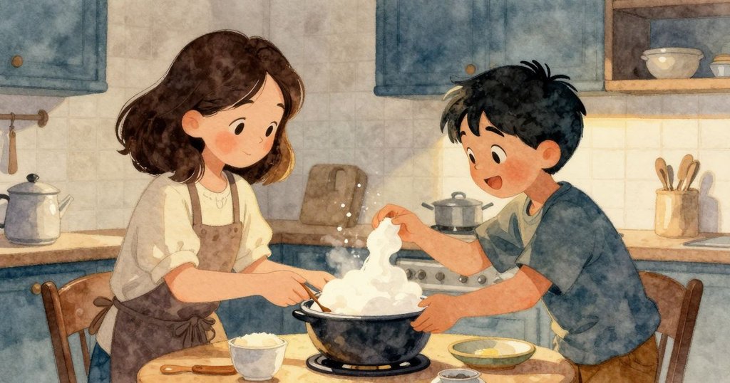 塞琳與格倫在溫暖廚房中協作分裝發酵液,輕鬆微笑展現解決事態後歸屬感,環境充滿柔和光線