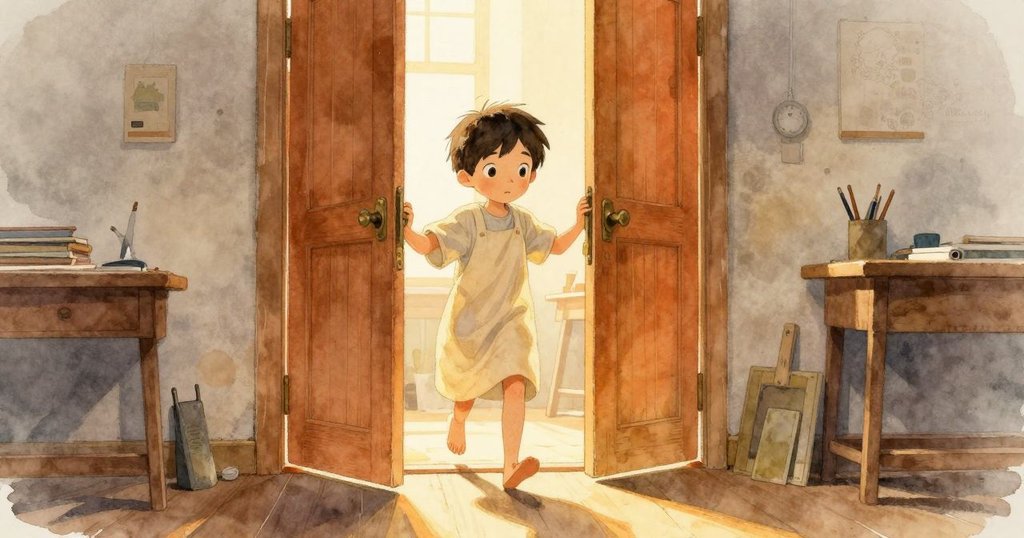 Renn 正走進充滿溫暖光線的工作室，通過木門進入，臉上滿是期待與好奇