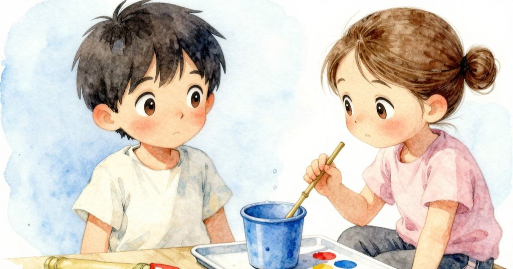 Renn 的手正在攪拌藍色顏料杯，近距離展示水與顏料混合形成的細膩紋理