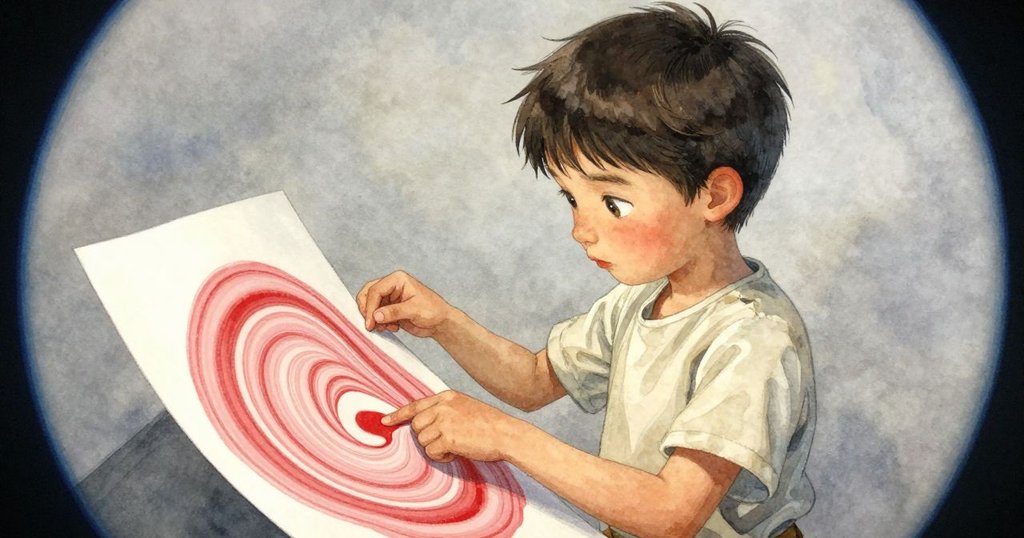 Renn 正聚精會神地看著顏料漩渦，畫面扭曲呈現魚眼效果，充滿藝術幻想