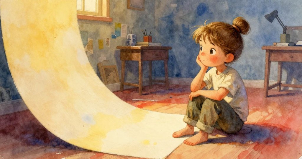 Upton 靜靜觀察著捲曲漂浮的紙張，畫面呈現不可能幾何形狀，充滿夢幻與神秘感