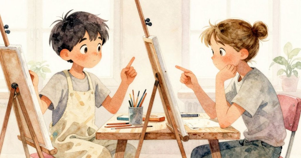 Renn 與 Upton 在畫桌邊互動，Renn 興奮指向旋轉顏料，Upton 小心挑選色杯，共享創作時刻